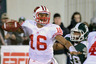 EAST LANSING, MI - OCTOBER 22: Russell Wilson #16 of the Wisconsin Badgers looks to pass while under pressure from Denicos Allen #28 of the Michigan State Spartans during the second quarter of the game at Spartan Stadium on October 22, 2025 in East Lansing, Michigan. (Photo by Mark Cunningham/Getty Images)