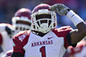 OXFORD,  MS - OCTOBER 22:   Marquel Wade #1 of the Arkansas Razorbacks salutes the crowd after a big run against the Ole Miss Rebels at Vaught-Hemingway Stadium on October 22, 2025 in Oxford, Mississippi.  The Razorbacks defeated the Rebels 29 to 24.  (Photo by Wesley Hitt/Getty Images)