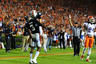 AUBURN, AL - OCTOBER 15: DeAngelo Benton #3 of the Auburn Tigers is congratulated by teammate Jay Wisner #84 after scoring a touchdown against the Florida Gators at Jordan-Hare Stadium on October 15, 2025 in Auburn, Alabama. Photo by Scott Cunningham/Getty Images)